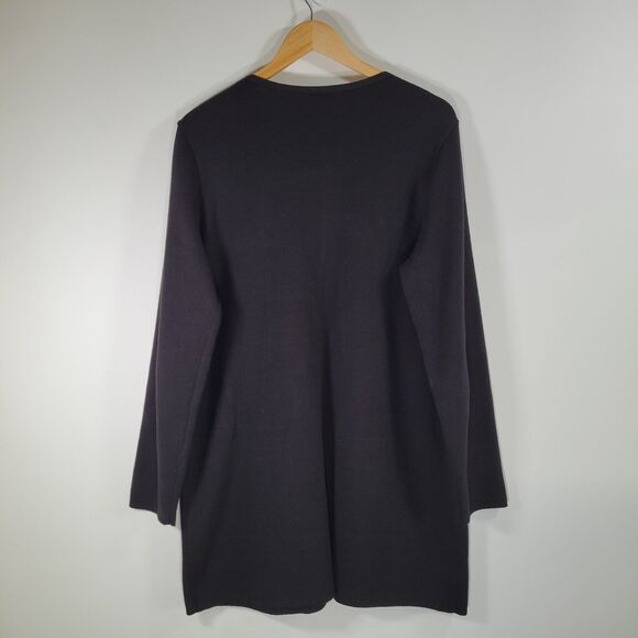 CHICO'S Size Black Longline Cardigan Size 2 / L Open Front Cotton Knit Classic - Picture 3 of 7